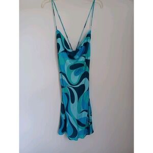 ZARA Safia Blue Satin Retro Printed Cowl Neck Mini Dress XS Look At All Pics NWT